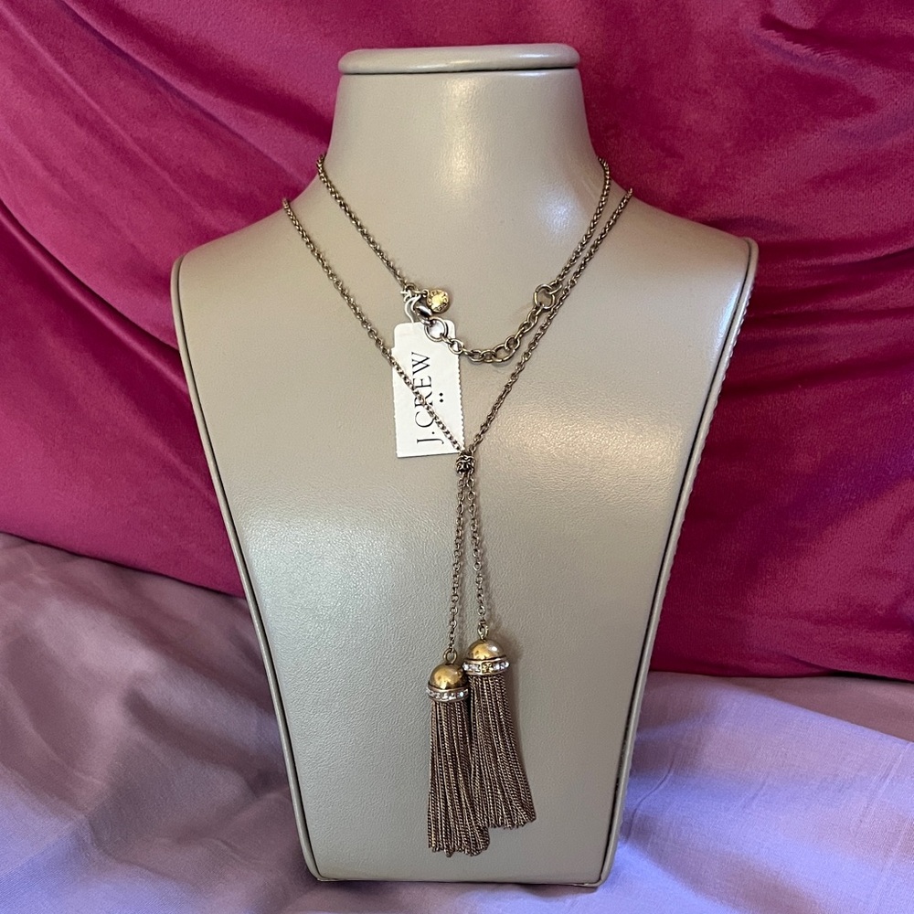 NWT J Crew Gold Tone and Rhinestone Long Tassel Necklace